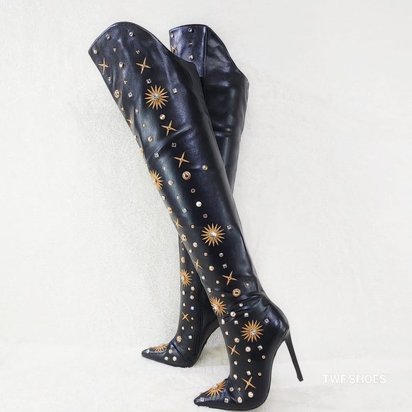 Wizardry Black High Heel Thigh High Embroidered Rhinestone Boots By Azalea Wang